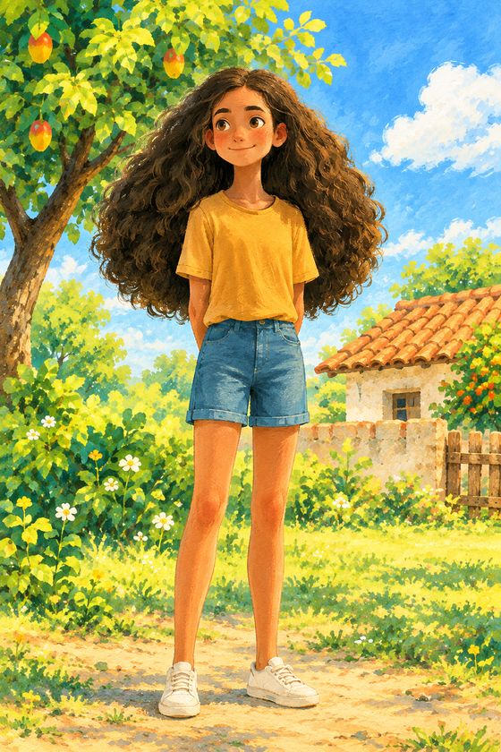 Bia, de cabelo cacheado volumoso, camiseta amarela e short jeans.