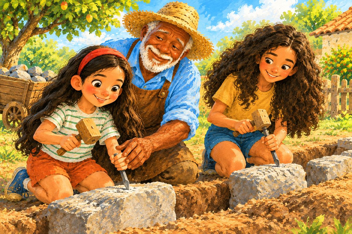 Seu Benedito ajoelhado com as meninas, entalhando a primeira pedra.