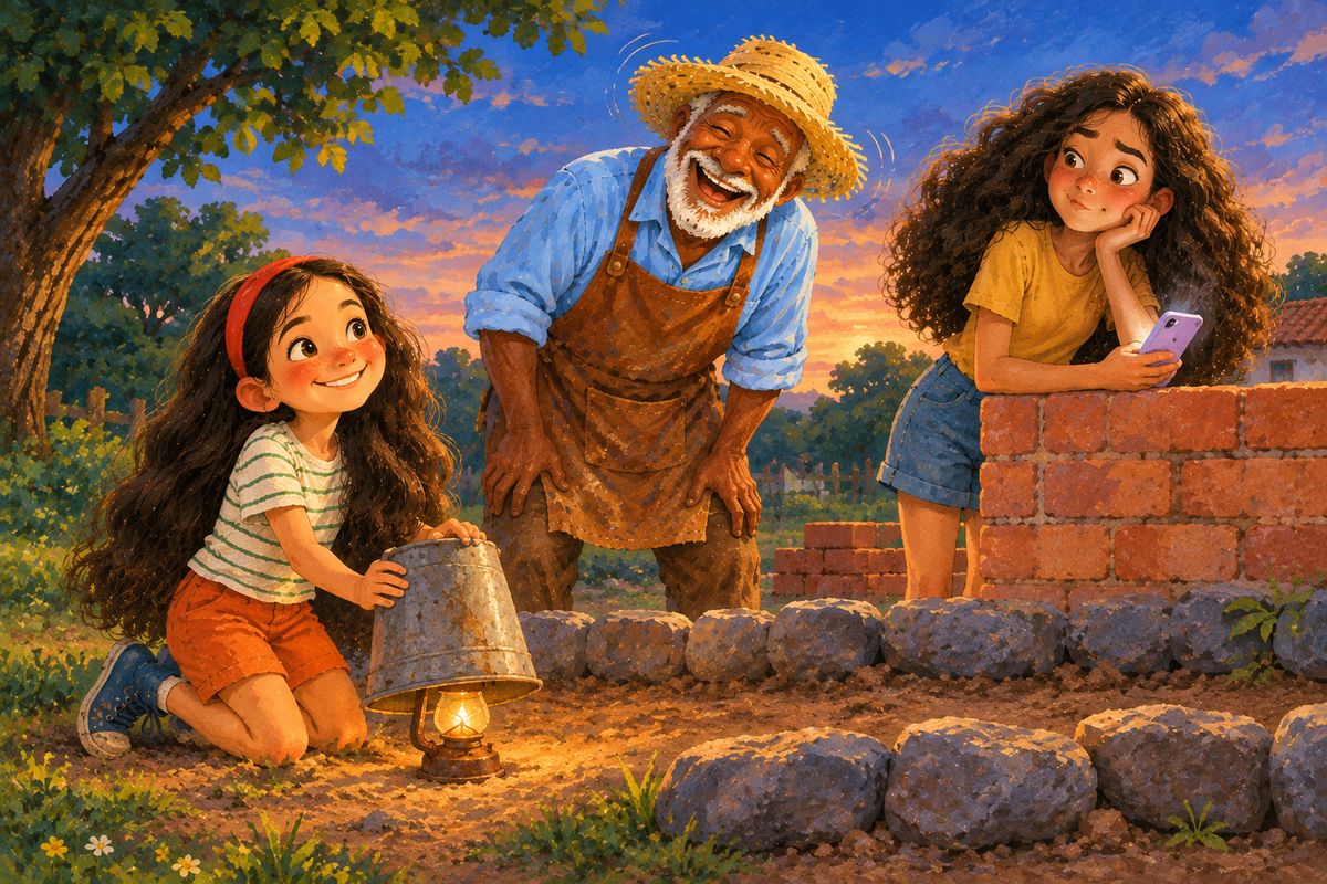 Ao entardecer, Gabi e Seu Benedito acendem uma lamparina sobre o muro enquanto Bia observa.