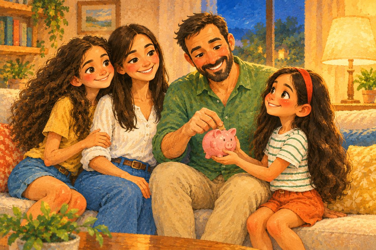 Bia, Gabi e os pais abraçados no sofá, com um cofrinho de porquinho.