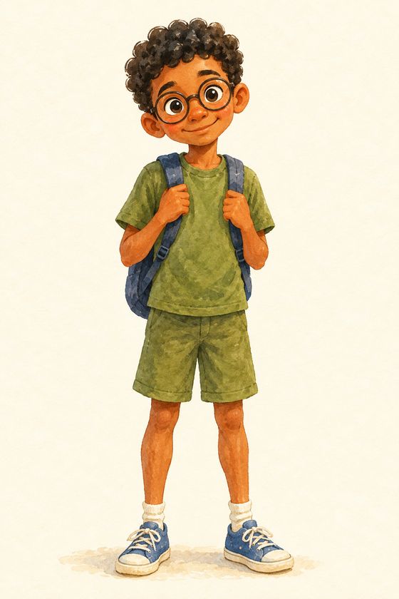 Theo, de óculos redondos grandes, camiseta verde e mochila.